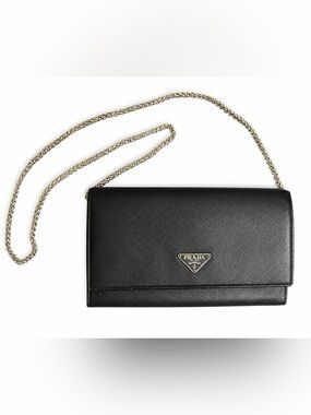 Authentic Prada Black Saffiano Leather Wallet with unbranded Silver Chain